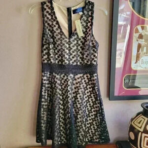 Brand New Francesca's Blue rain Women's Midi Dress Small Flare Black Lace Zipper